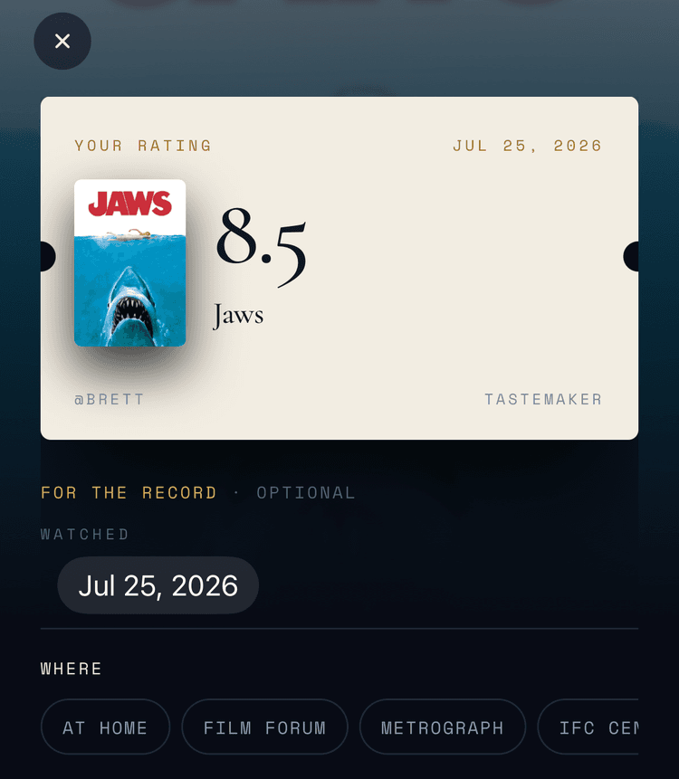 The resulting rating card: Jaws, 8.5, with where you watched it and in what format